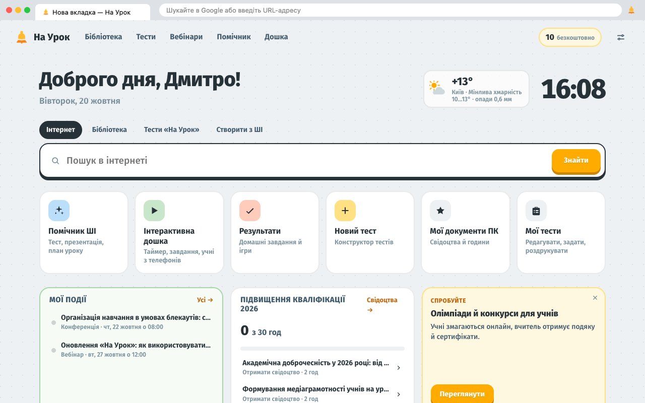 Нова вкладка «Мій день»: пошук, швидкі дії, мої події, години підвищення кваліфікації, домашні завдання