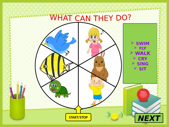 WHAT CAN THEY DO?NEXTSTART/STOPSWIMFLYWALKCRYSINGSITr