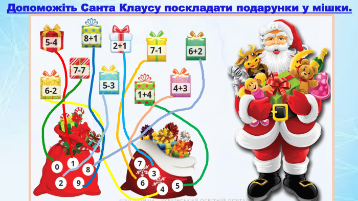 Допоможіть Санта Клаусу поскладати подарунки у мішки.