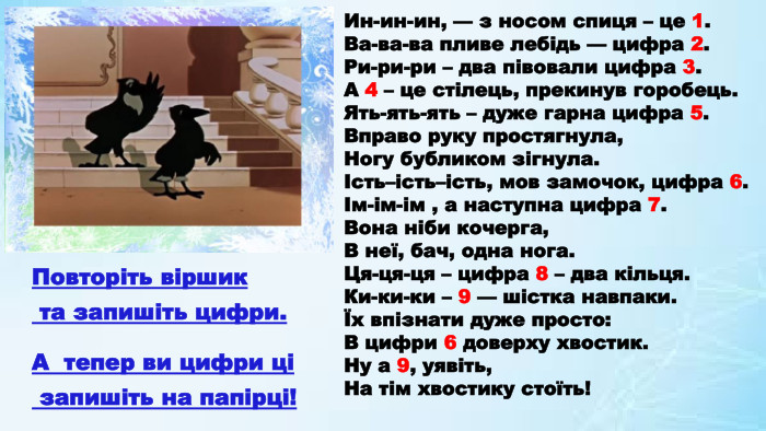 Ин-ин-ин, — з носом спиця – це 1. Ва-ва-ва пливе лебідь — цифра 2. Ри-ри-ри – два півовали цифра 3. А 4 – це стілець, прекинув горобець. Ять-ять-ять – дуже гарна цифра 5. Вправо руку простягнула, Ногу бубликом зігнула.Ість–ість–ість, мов замочок, цифра 6.Ім-ім-ім , а наступна цифра 7. Вона ніби кочерга,В неї, бач, одна нога. Ця-ця-ця – цифра 8 – два кільця. Ки-ки-ки – 9 — шістка навпаки.Їх впізнати дуже просто: В цифри 6 доверху хвостик. Ну а 9, уявіть,На тім хвостику стоїть!Повторіть віршик та запишіть цифри. А тепер ви цифри ці запишіть на папірці!
