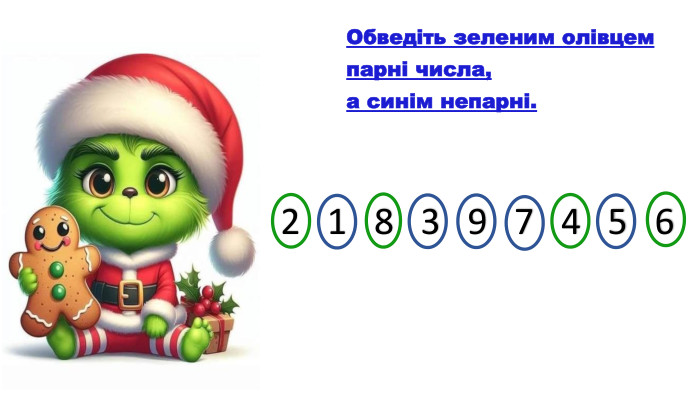 Обведіть зеленим олівцем парні числа, а синім непарні.2 1 8 3 9 7 4 5 6 