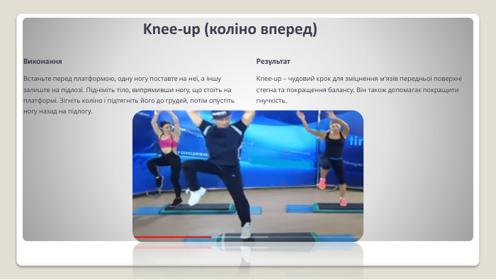 Knee-up (коліно вперед)Виконання. Встаньте перед платформою, одну ногу поставте на неї, а іншу залиште на підлозі. Підніміть тіло, випрямивши ногу, що стоїть на платформі. Зігніть коліно і підтягніть його до грудей, потім опустіть ногу назад на підлогу. Результат. Knee-up – чудовий крок для зміцнення м'язів передньої поверхні стегна та покращення балансу. Він також допомагає покращити гнучкість.