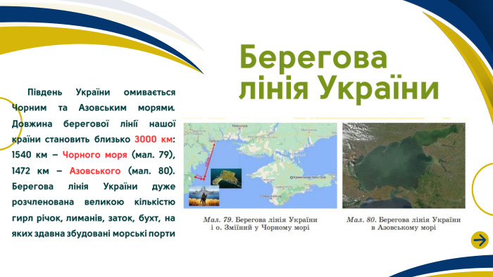  Південь України омивається Чорним та Азовським морями. Довжина берегової лінії нашої країни становить близько 3000 км: 1540 км – Чорного моря (мал. 79), 1472 км – Азовського (мал. 80). Берегова лінія України дуже розчленована великою кількістю гирл річок, лиманів, заток, бухт, на яких здавна збудовані морські порти. Берегова лінія України