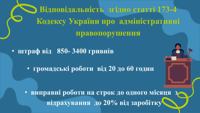 Відповідальність згідно статті 173-4 Кодексу України про адміністративні правопорушення штраф від 850- 3400 гривнів громадські роботи від 20 до 60 годинвиправні роботи на строк до одного місяця з відрахування до 20% від заробітку