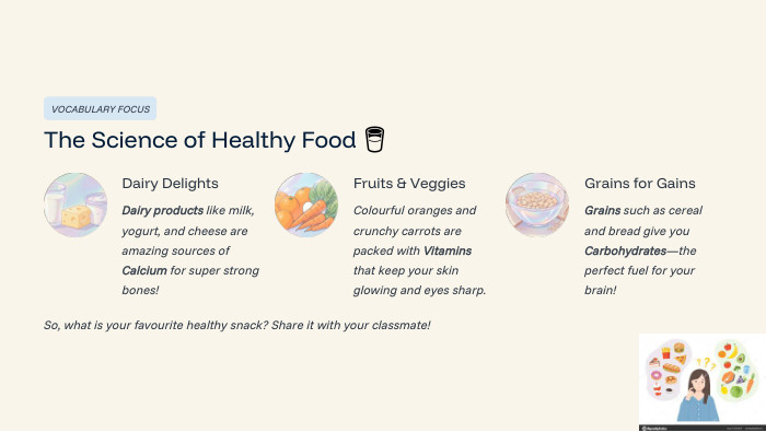 VOCABULARY FOCUSThe Science of Healthy Food 🥛Dairy Delights. Dairy products like milk, yogurt, and cheese are amazing sources of Calcium for super strong bones!Fruits & Veggies. Colourful oranges and crunchy carrots are packed with Vitamins that keep your skin glowing and eyes sharp. Grains for Gains. Grains such as cereal and bread give you Carbohydrates—the perfect fuel for your brain!So, what is your favourite healthy snack? Share it with your classmate!
