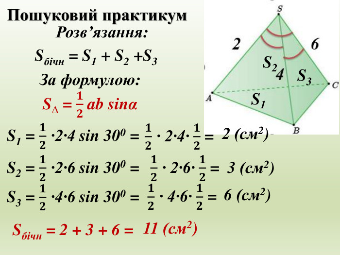 Пошуковий практикум Розв’язання: Sбічн = S1 + S2 +S3 S1 S2 S3 За формулою: S∆ = 𝟏𝟐 ab sinα  S1 = 𝟏𝟐 ∙2∙4 sin 300 =  𝟏𝟐 ∙ 2∙4∙ 𝟏𝟐 = 2 (см2) S2 = 𝟏𝟐 ∙2∙6 sin 300 =  𝟏𝟐 ∙ 2∙6∙ 𝟏𝟐 = 3 (см2) S3 = 𝟏𝟐 ∙4∙6 sin 300 =  𝟏𝟐 ∙ 4∙6∙ 𝟏𝟐 = 6 (см2) Sбічн = 2 + 3 + 6 =11 (см2) 