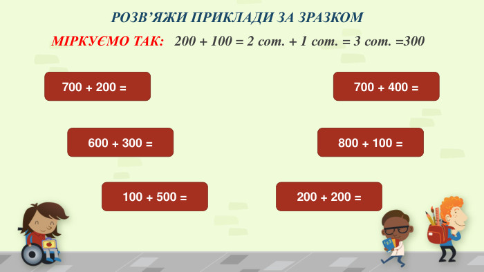 РОЗВ’ЯЖИ ПРИКЛАДИ ЗА ЗРАЗКОМ 700 + 200 =  600 + 300 =100 + 500 =200 + 200 =800 + 100 =700 + 400 =МІРКУЄМО ТАК: 200 + 100 = 2 сот. + 1 сот. = 3 сот. =300
