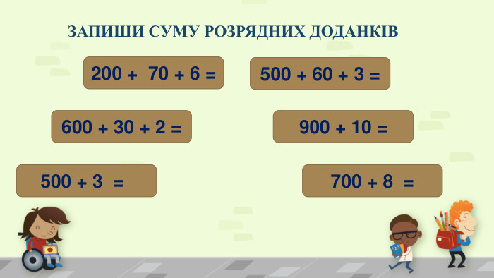 ЗАПИШИ СУМУ РОЗРЯДНИХ ДОДАНКІВ 200 +  70 + 6 =600 + 30 + 2 =500 + 3 =    700 + 8 =900 + 10 =500 + 60 + 3 =