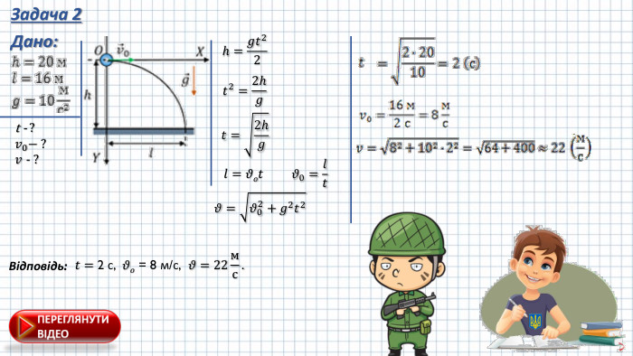 Задача 2 Дано:t - ?𝑣0− ?𝑣 - ? h=𝑔𝑡22 𝑡2=2h𝑔 𝑡=2h𝑔 𝑙=𝜗𝑜𝑡 𝜗0=𝑙𝑡 𝜗=𝜗02+𝑔2𝑡2 Відповідь: 𝜗𝑜 = 8 м/с,  𝑡= 2 с, 𝜗=22мс. 