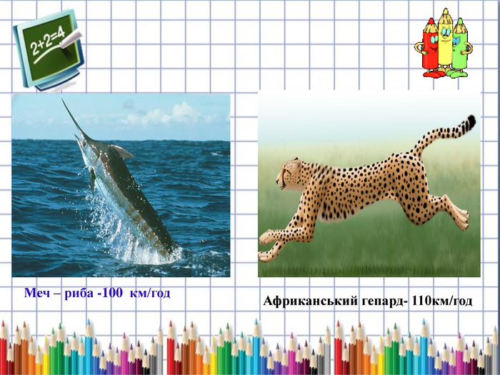 Африканський гепард- 110км/год Меч – риба -100  км/год