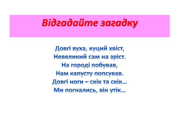 Довгі вуха, куций хвіст,Невеликий сам на зріст. На городі побував,Нам капусту попсував. Довгі ноги – скік та скік…Ми погнались, він утік…Відгадайте загадку
