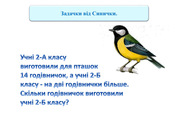 Задачки від Синички. Учні 2-А класувиготовили для пташок14 годівничок, а учні 2-Бкласу - на дві годівнички більше. Скільки годівничок виготовилиучні 2-Б класу?