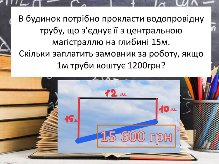 В будинок потрібно прокласти водопровідну трубу, що з'єднує її з центральною магістраллю на глибині 15м. Скільки заплатить замовник за роботу, якщо 1м труби коштує 1200грн? 15 600 грн