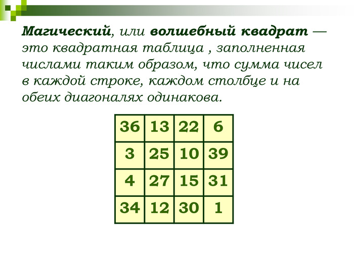 Магический, или волшебный квадрат — это квадратная таблица , заполненная числами таким образом, что сумма чисел в каждой строке, каждом столбце и на обеих диагоналях одинакова.   36 13 22 6 3 25 10 39 4 27 15 31 34 12 30 1 