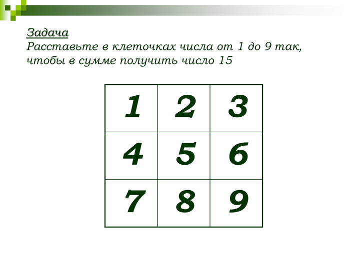 1 2 3 4 5 6 7 8 9 Задача Расставьте в клеточках числа от 1 до 9 так, чтобы в сумме получить число 15 