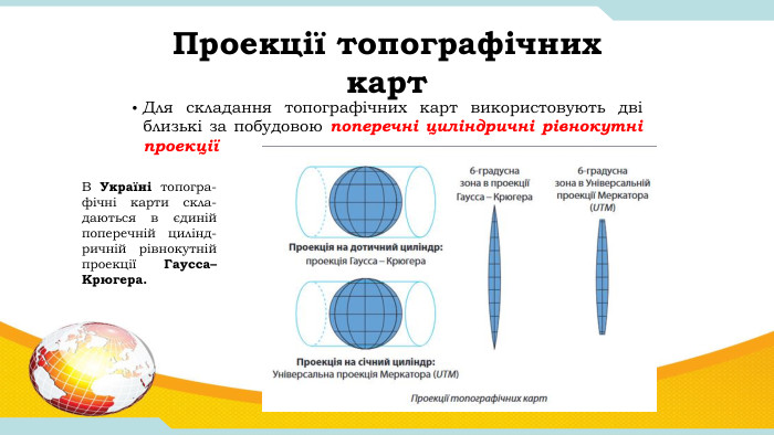 Проекції топографічних карт. Для складання топографічних карт використовують дві близькі за побудовою поперечні циліндричні рівнокутні проекціїВ Україні топогра-фічні карти скла-даються в єдиній поперечній цилінд-ричній рівнокутній проекції Гаусса–Крюгера.