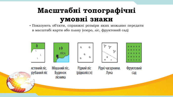 Масштабні топографічні умовні знаки. Показують об’єкти, справжні розміри яких можливо передати в масштабі карти або плану (озеро, ліс, фруктовий сад) 