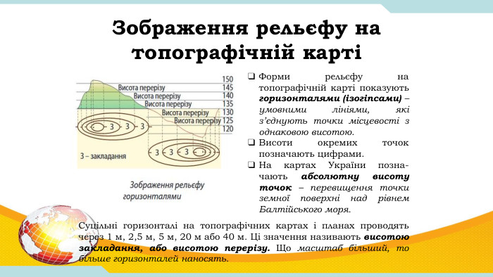 Зображення рельєфу на топографічній картіФорми рельєфу на топографічній карті показують горизонталями (ізогіпсами) – умовними лініями, які з’єднують точки місцевості з однаковою висотою. Висоти окремих точок позначають цифрами. На картах України позна-чають абсолютну висоту точок – перевищення точки земної поверхні над рівнем Балтійського моря. Суцільні горизонталі на топографічних картах і планах проводять через 1 м, 2,5 м, 5 м, 20 м або 40 м. Ці значення називають висотою закладання, або висотою перерізу. Що масштаб більший, то більше горизонталей наносять.