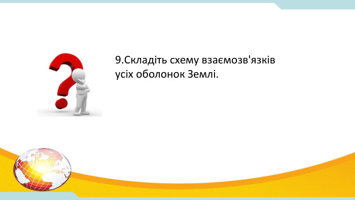 9. Складіть схему взаємозв'язків усіх оболонок Землі.