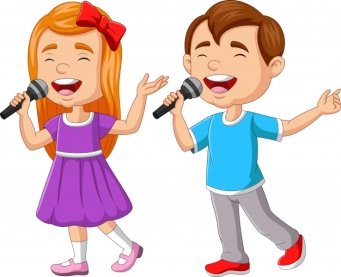 Мальчик и девочка поют с микрофоном | Премиум векторы