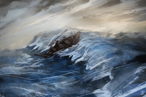 рисунок море шторм волны лодка обломки HD обои для ноутбука