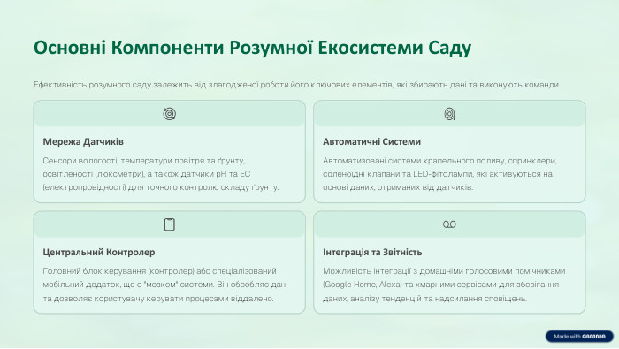 Основні Компоненти Розумної Екосистеми Саду. Ефективність розумного саду залежить від злагодженої роботи його ключових елементів, які збирають дані та виконують команди. Мережа Датчиків. Сенсори вологості, температури повітря та ґрунту, освітленості (люксметри), а також датчики p. H та EC (електропровідності) для точного контролю складу ґрунту. Автоматичні Системи. Автоматизовані системи крапельного поливу, спринклери, соленоїдні клапани та LED-фітолампи, які активуються на основі даних, отриманих від датчиків. Центральний Контролер. Головний блок керування (контролер) або спеціалізований мобільний додаток, що є 