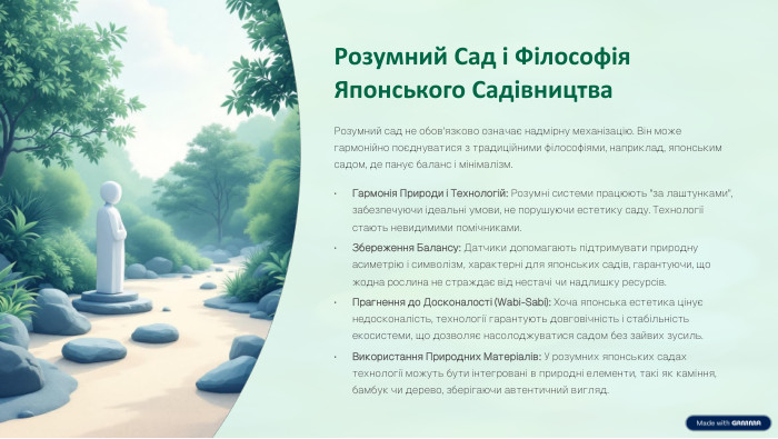 Розумний Сад і Філософія Японського Садівництва. Розумний сад не обов'язково означає надмірну механізацію. Він може гармонійно поєднуватися з традиційними філософіями, наприклад, японським садом, де панує баланс і мінімалізм. Гармонія Природи і Технологій: Розумні системи працюють 