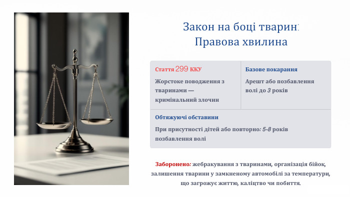 Закон на боці тварин: Правова хвилина. Стаття 299 ККУЖорстоке поводження з тваринами — кримінальний злочин. Базове покарання. Арешт або позбавлення волі до 3 років. Обтяжуючі обставини. При присутності дітей або повторно: 5-8 років позбавлення воліЗаборонено: жебракування з тваринами, організація бійок, залишення тварини у замкненому автомобілі за температури, що загрожує життю, каліцтво чи побиття.