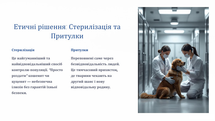Етичні рішення: Стерилізація та Притулки. Стерилізація. Це найгуманніший та найвідповідальніший спосіб контролю популяції. 