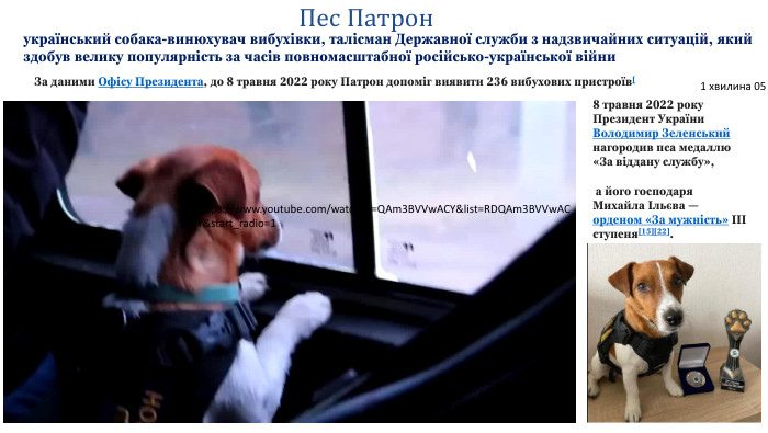 Пес Патронукраїнський собака-винюхувач вибухівки, талісман Державної служби з надзвичайних ситуацій, який здобув велику популярність за часів повномасштабної російсько-української війни. За даними Офісу Президента, до 8 травня 2022 року Патрон допоміг виявити 236 вибухових пристроїв[8 травня 2022 року Президент України Володимир Зеленський нагородив пса медаллю «За віддану службу», а його господаря Михайла Ільєва — орденом «За мужність» III ступеня[15][22].1 хвилина 05 сhttps://www.youtube.com/watch?v=QAm3 BVVw. ACY&list=RDQAm3 BVVw. ACY&start_radio=1