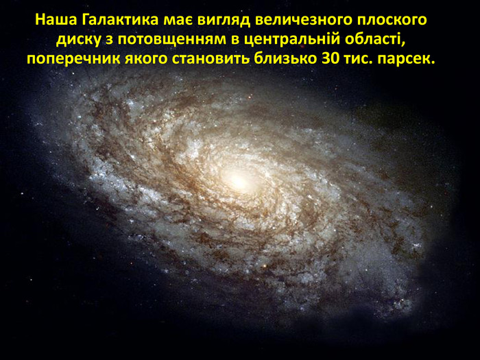 Наша Галактика має вигляд величезного плоского диску з потовщенням в центральній області, поперечник якого становить близько 30 тис. парсек.
