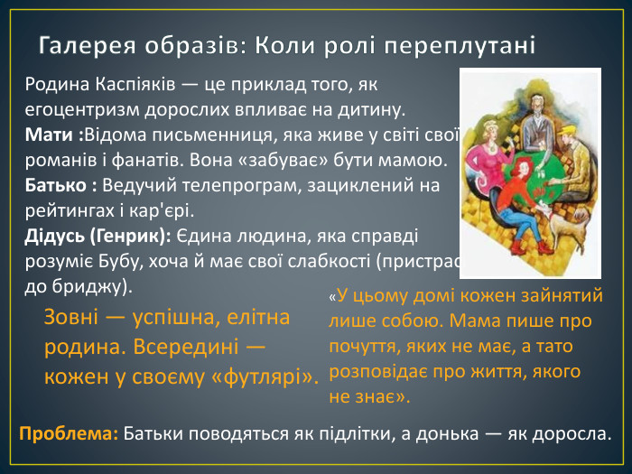 Галерея образів: Коли ролі переплутаніРодина Каспіяків — це приклад того, як егоцентризм дорослих впливає на дитину. Мати : Відома письменниця, яка живе у світі своїх романів і фанатів. Вона «забуває» бути мамою. Батько : Ведучий телепрограм, зациклений на рейтингах і кар'єрі. Дідусь (Генрик): Єдина людина, яка справді розуміє Бубу, хоча й має свої слабкості (пристрасть до бриджу). Зовні — успішна, елітна родина. Всередині — кожен у своєму «футлярі». Проблема: Батьки поводяться як підлітки, а донька — як доросла.«У цьому домі кожен зайнятий лише собою. Мама пише про почуття, яких не має, а тато розповідає про життя, якого не знає».
