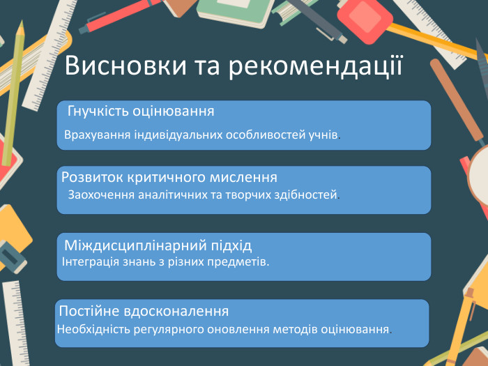Висновки та рекомендаціїГнучкість оцінювання. Врахування індивідуальних особливостей учнів. Розвиток критичного мислення. Заохочення аналітичних та творчих здібностей. Міждисциплінарний підхідІнтеграція знань з різних предметів. Постійне вдосконалення. Необхідність регулярного оновлення методів оцінювання.