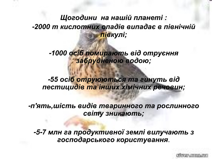 Щогодини  на нашій планеті : -2000 т кислотних опадів випадає в північній півкулі;  -1000 осіб помирають від отруєння забрудненою водою;  -55 осіб отруюються та гинуть від пестицидів та інших хімічних речовин;  -п'ять,шість видів тваринного та рослинного світу зникають;  -5-7 млн га продуктивної землі вилучають з господарського користування. 