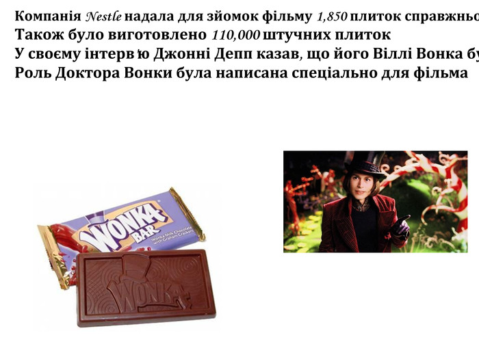 Компанія Nestle надала для зйомок фільму 1,850 плиток справжнього шоколаду. Також було виготовлено 110,000 штучних плиток. У своєму інтерв'ю Джонні Депп казав, що його Віллі Вонка буде поєднанням Говарда Хьюза та гламурної рок-зірки 70-х. Роль Доктора Вонки була написана спеціально для фільма 