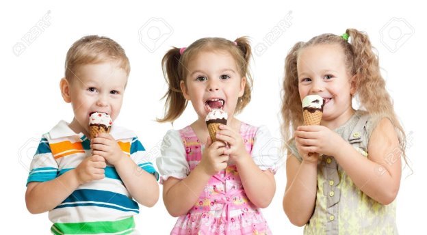 Happy Children Boy And Girls Eating Ice Cream In Studio Isolated Stock  Photo, Picture And Royalty Free Image. Image 15971919.