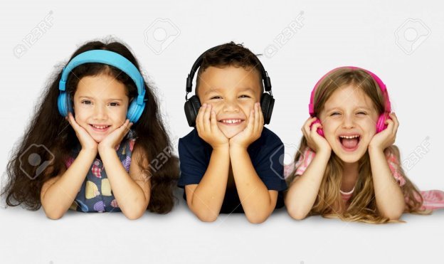 Diverse Group Of Kids Lying And Listen To Music In A Headphones Stock  Photo, Picture And Royalty Free Image. Image 79584993.