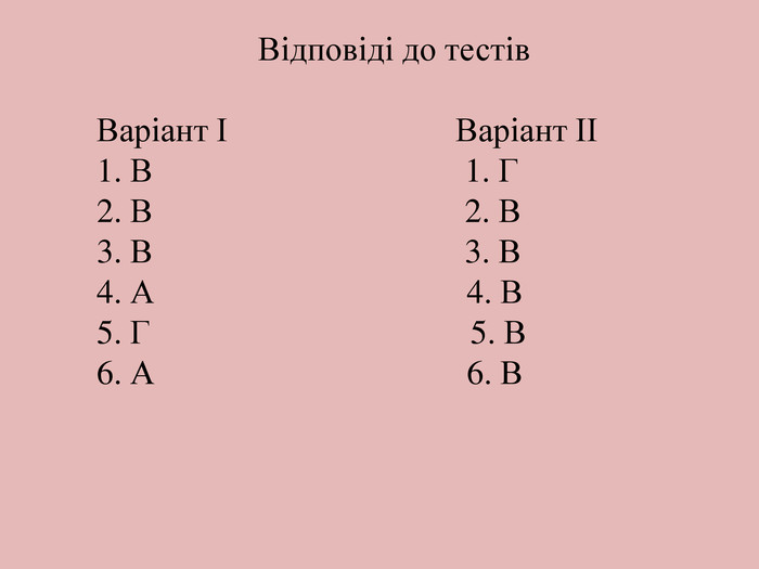 Відповіді до тестів Варіант І Варіант ІІ1. В 1. Г 2. В 2. В 3. В 3. В4. А 4. В 5. Г 5. В6. А 6. В