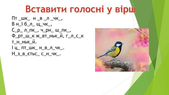 Пт _шк_ н _в _л _чк_,В н_ї б_л_ щ_чк_,С_р_ л_пк_, ч_рн_ ш_пк_,Ф_рт_ш_к ж_вт_ньк_й, г_л_с_к т_н_ньк_й.І ц_ пт_шк_ н_в_л_чк_. Н_з_в_єтьс_ с_н_чк_. Вставити голосні у вірш
