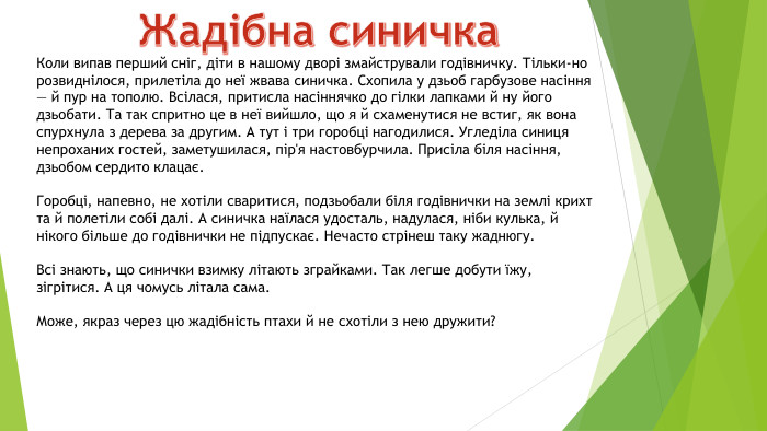 Коли випав перший сніг, діти в нашому дворі змайстрували годівничку. Тільки-но розвиднілося, прилетіла до неї жвава синичка. Схопила у дзьоб гарбузове насіння — й пур на тополю. Всілася, притисла насіннячко до гілки лапками й ну його дзьобати. Та так спритно це в неї вийшло, що я й схаменутися не встиг, як вона спурхнула з дерева за другим. А тут і три горобці нагодилися. Угледіла синиця непроханих гостей, заметушилася, пір'я настовбурчила. Присіла біля насіння, дзьобом сердито клацає. Горобці, напевно, не хотіли сваритися, подзьобали біля годівнички на землі крихт та й полетіли собі далі. А синичка наїлася удосталь, надулася, ніби кулька, й нікого більше до годівнички не підпускає. Нечасто стрінеш таку жаднюгу. Всі знають, що синички взимку літають зграйками. Так легше добути їжу, зігрітися. А ця чомусь літала сама. Може, якраз через цю жадібність птахи й не схотіли з нею дружити? Жадібна синичка