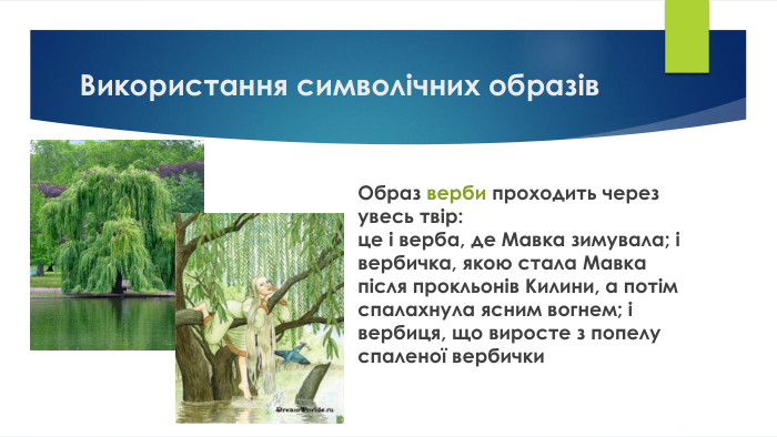 Образ верби проходить через увесь твір:це і верба, де Мавка зимувала; і вербичка, якою стала Мавка після прокльонів Килини, а потім спалахнула ясним вогнем; і вербиця, що виросте з попелу спаленої вербички. Використання символічних образів