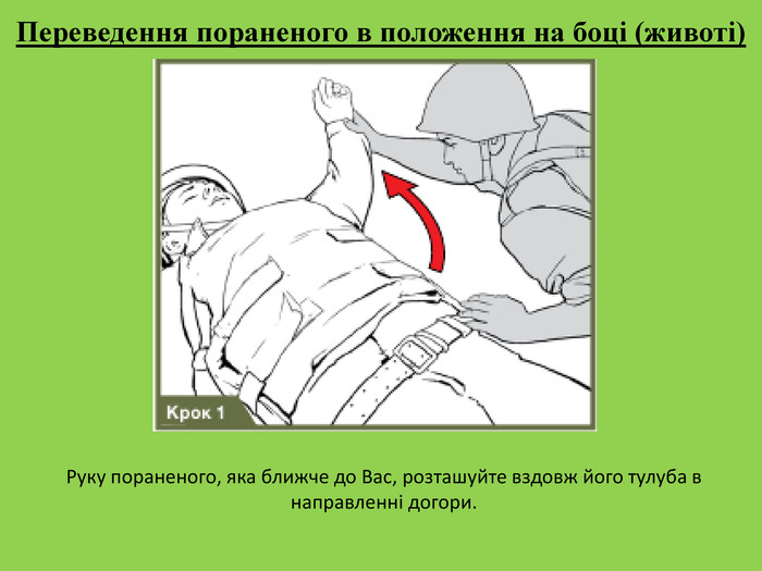 Переведення пораненого в положення на боці (животі)Руку пораненого, яка ближче до Вас, розташуйте вздовж його тулуба в направленні догори.