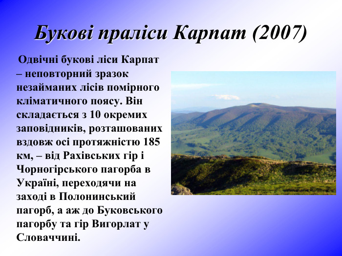 Букові праліси Карпат (2007)     Одвічні букові ліси Карпат – неповторний зразок незайманих лісів помірного кліматичного поясу. Він складається з 10 окремих заповідників, розташованих вздовж осі протяжністю 185 км, – від Рахівських гір і Чорногірського пагорба в Україні, переходячи на заході в Полонинський пагорб, а аж до Буковського пагорбу та гір Вигорлат у Словаччині.  