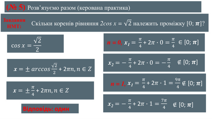  Скільки коренів рівняння 2cos x = 2 належить проміжку [0; 𝝅]? (№ 5) Розвʼязуємо разом (керована практика) c𝑜𝑠𝑥=22  x =± 𝑎𝑟𝑐𝑐𝑜𝑠22 + 2𝜋𝑛, 𝑛∈𝑍  x =  ± 𝜋4 + 2𝜋𝑛, 𝑛∈𝑍 Завдання НМТ: x1 = 𝜋4 + 2𝜋∙0=𝜋4  ∈[0; 𝝅] n = 0, x2 =− 𝜋4 + 2𝜋∙0=−𝜋4  ∉[0; 𝝅]  x1 = 𝜋4 + 2𝜋∙1=9𝜋4  n = 1,∉[0; 𝝅]  x2 =− 𝜋4 + 2𝜋∙1=7𝜋4  ∉[0; 𝝅] Відповідь: один