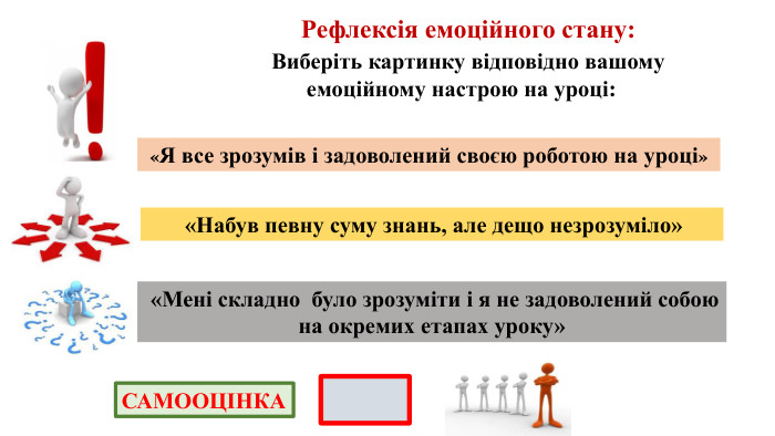  Рефлексія емоційного стану: Виберіть картинку відповідно вашому емоційному настрою на уроці:«Я все зрозумів і задоволений своєю роботою на уроці» «Набув певну суму знань, але дещо незрозуміло» «Мені складно було зрозуміти і я не задоволений собою на окремих етапах уроку»САМООЦІНКА