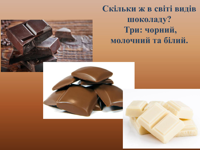 Скільки ж в світі видів шоколаду? Три: чорний, молочний та білий. 