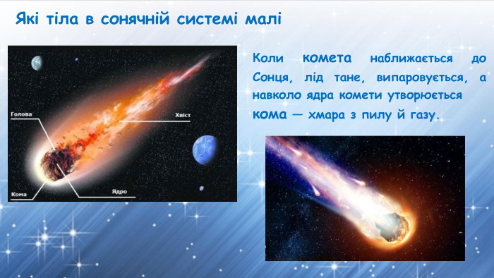 Які тіла в сонячній системі маліКоли комета наближається до Сонця, лід тане, випаровується, а навколо ядра комети утворюється кома — хмара з пилу й газу. 