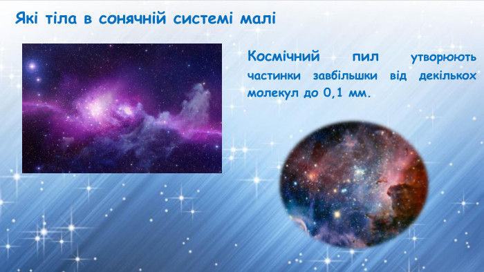 Які тіла в сонячній системі маліКосмічний пил утворюють частинки завбільшки від декількох молекул до 0,1 мм.