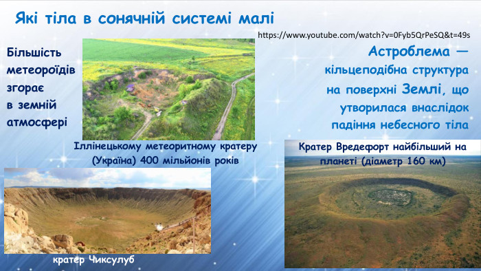 Які тіла в сонячній системі маліАстроблема — кільцеподібна структура на поверхні Землі, що утворилася внаслідок падіння небесного тіла. Більшість метеороїдів згорає в земній атмосферіhttps://www.youtube.com/watch?v=0 Fyb5 Qr. Pe. SQ&t=49sІллінецькому метеоритному кратеру(Україна) 400 мільйонів років. Кратер Вредефорт найбільший на планеті (діаметр 160 км) кратер Чиксулуб 