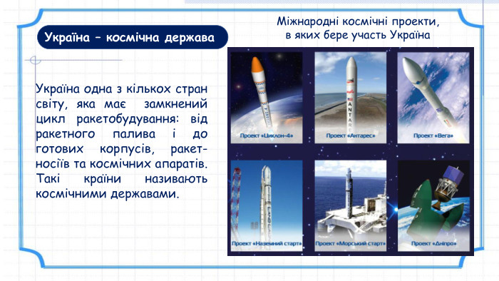 Україна – космічна держава. Україна одна з кількох стран світу, яка має замкнений цикл ракетобудування: від ракетного палива і до готових корпусів, ракет-носіїв та космічних апаратів. Такі країни називають космічними державами. Міжнародні космічні проекти, в яких бере участь Україна